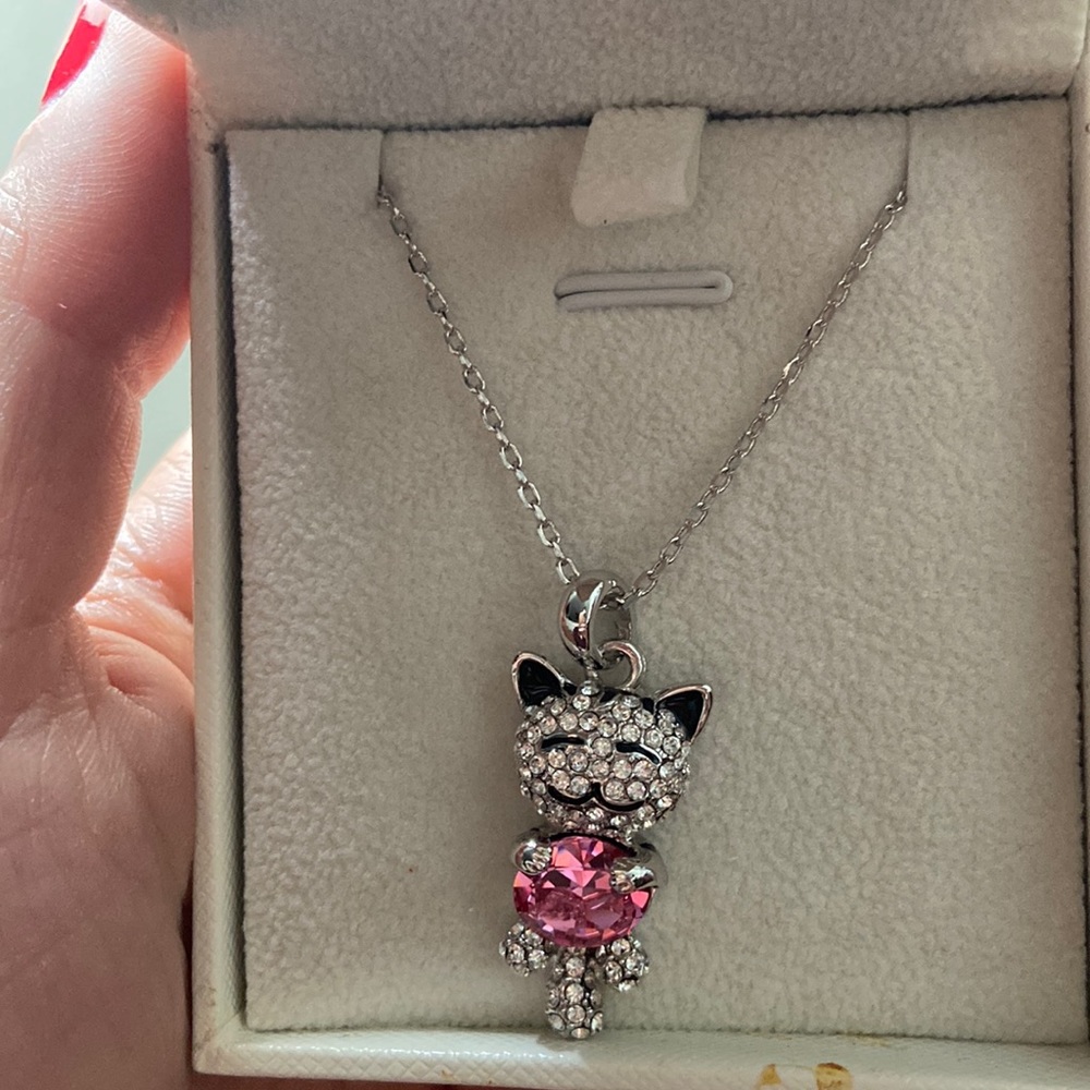 Nina Box cat necklace with pink stone, brand new in box